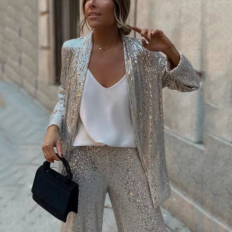 Conjunto brillante de blazer y pantalón de lentejuelas