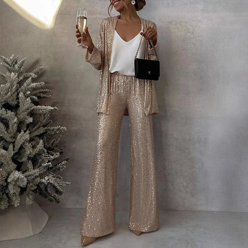 Conjunto brillante de blazer y pantalón de lentejuelas