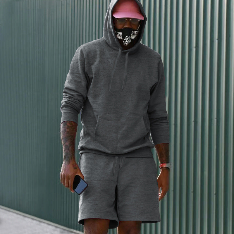 Conjunto casual para hombre de dos piezas con sudadera con capucha y pantalón corto deportivo de tejido French Terry con bolsillo canguro y cordón ajustable