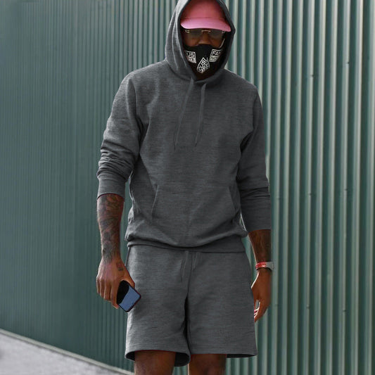 Conjunto casual para hombre de dos piezas con sudadera con capucha y pantalón corto deportivo de tejido French Terry con bolsillo canguro y cordón ajustable
