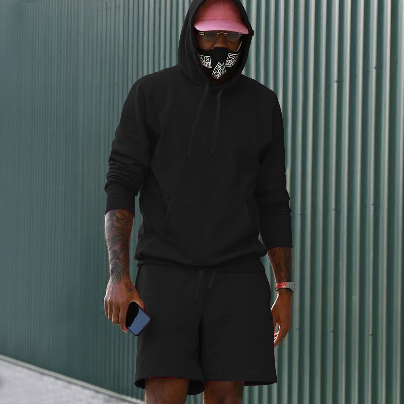 Conjunto casual para hombre de dos piezas con sudadera con capucha y pantalón corto deportivo de tejido French Terry con bolsillo canguro y cordón ajustable