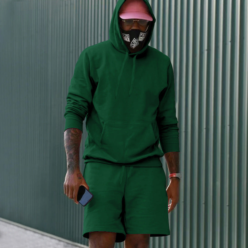 Conjunto casual para hombre de dos piezas con sudadera con capucha y pantalón corto deportivo de tejido French Terry con bolsillo canguro y cordón ajustable
