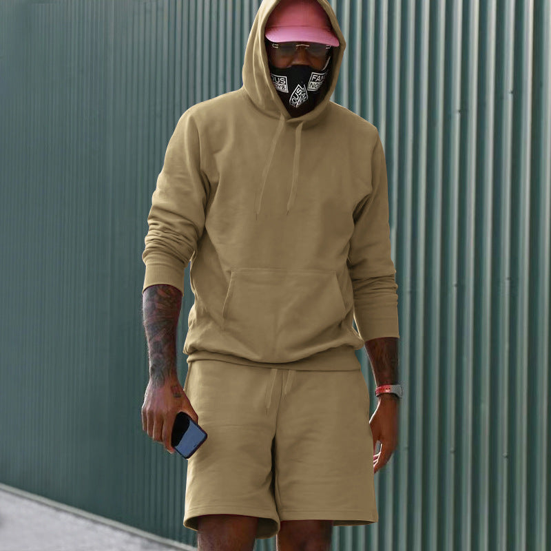 Conjunto casual para hombre de dos piezas con sudadera con capucha y pantalón corto deportivo de tejido French Terry con bolsillo canguro y cordón ajustable