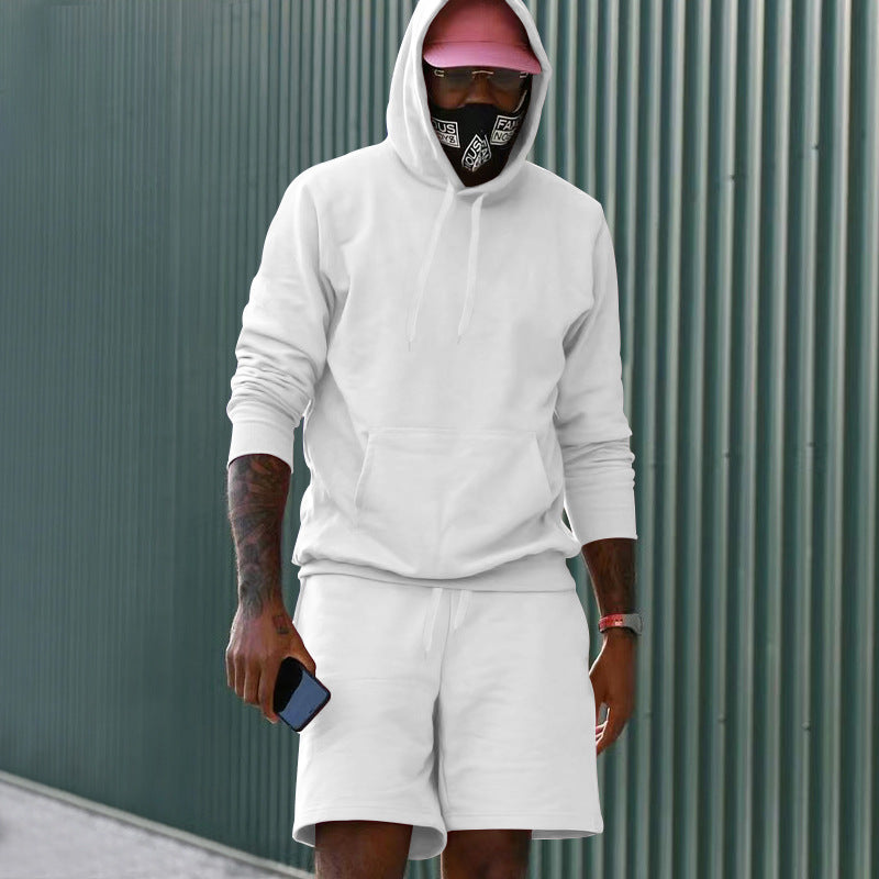Conjunto casual para hombre de dos piezas con sudadera con capucha y pantalón corto deportivo de tejido French Terry con bolsillo canguro y cordón ajustable