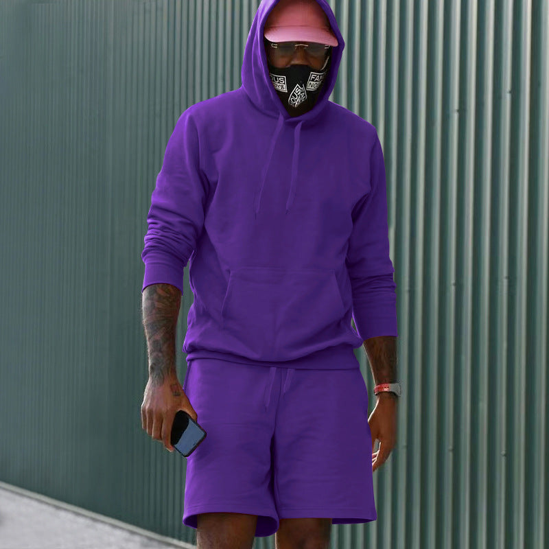 Conjunto casual para hombre de dos piezas con sudadera con capucha y pantalón corto deportivo de tejido French Terry con bolsillo canguro y cordón ajustable