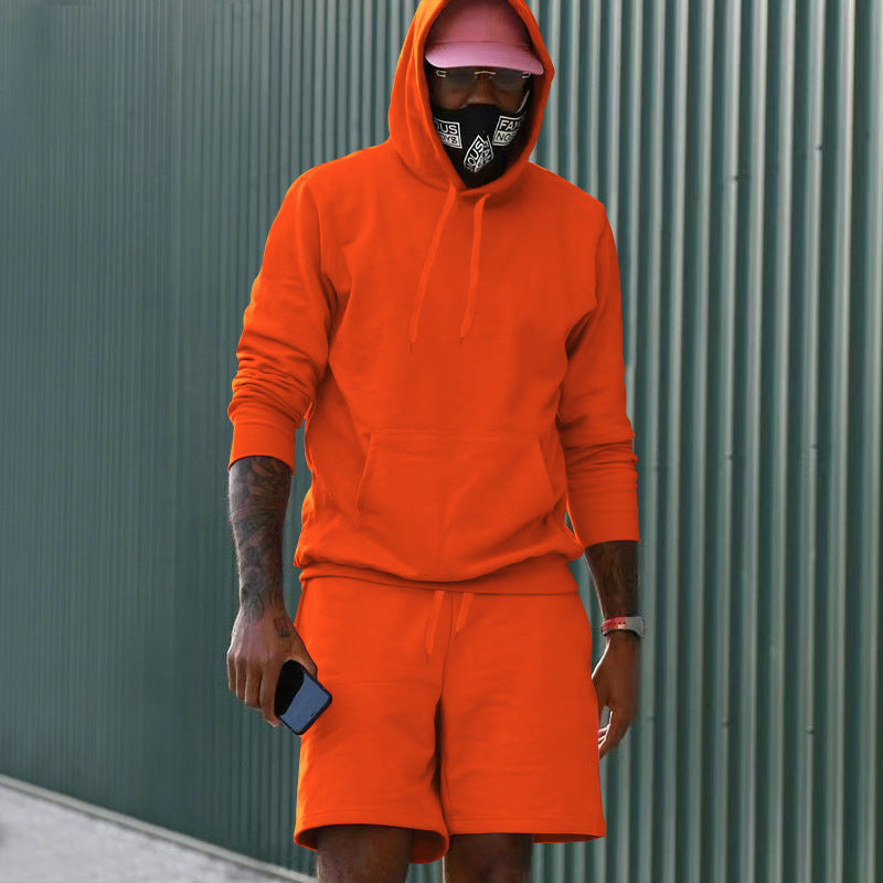 Conjunto casual para hombre de dos piezas con sudadera con capucha y pantalón corto deportivo de tejido French Terry con bolsillo canguro y cordón ajustable