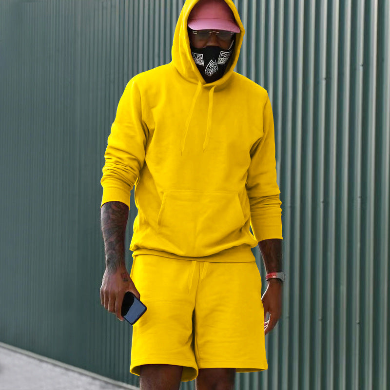 Conjunto casual para hombre de dos piezas con sudadera con capucha y pantalón corto deportivo de tejido French Terry con bolsillo canguro y cordón ajustable