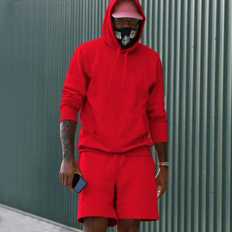 Conjunto casual para hombre de dos piezas con sudadera con capucha y pantalón corto deportivo de tejido French Terry con bolsillo canguro y cordón ajustable