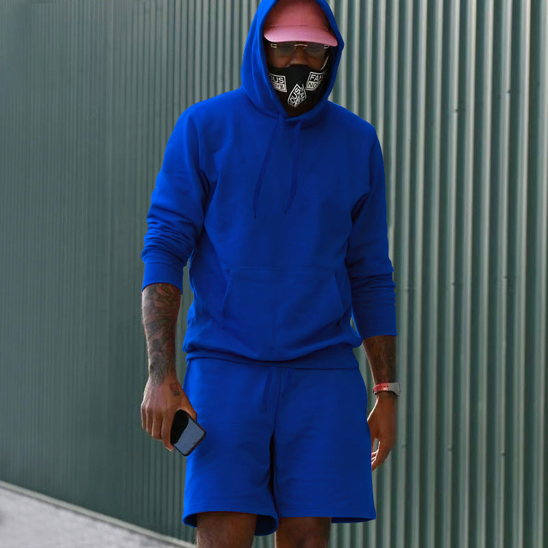 Conjunto casual para hombre de dos piezas con sudadera con capucha y pantalón corto deportivo de tejido French Terry con bolsillo canguro y cordón ajustable