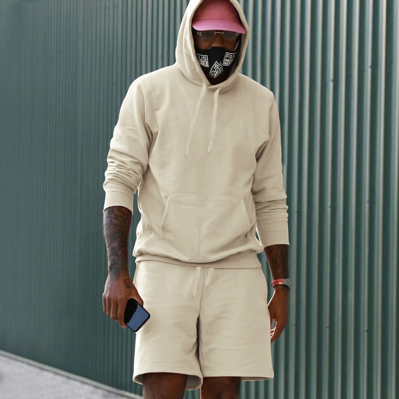 Conjunto casual para hombre de dos piezas con sudadera con capucha y pantalón corto deportivo de tejido French Terry con bolsillo canguro y cordón ajustable