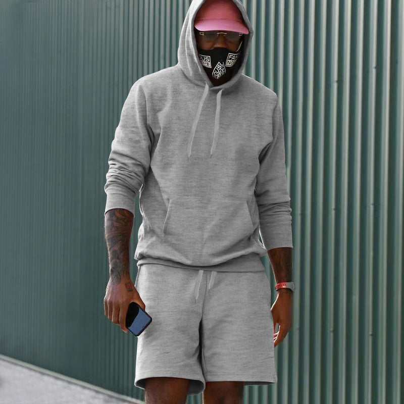 Conjunto casual para hombre de dos piezas con sudadera con capucha y pantalón corto deportivo de tejido French Terry con bolsillo canguro y cordón ajustable
