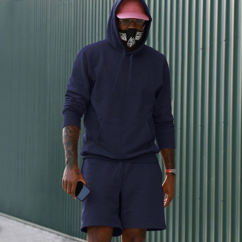 Conjunto casual para hombre de dos piezas con sudadera con capucha y pantalón corto deportivo de tejido French Terry con bolsillo canguro y cordón ajustable