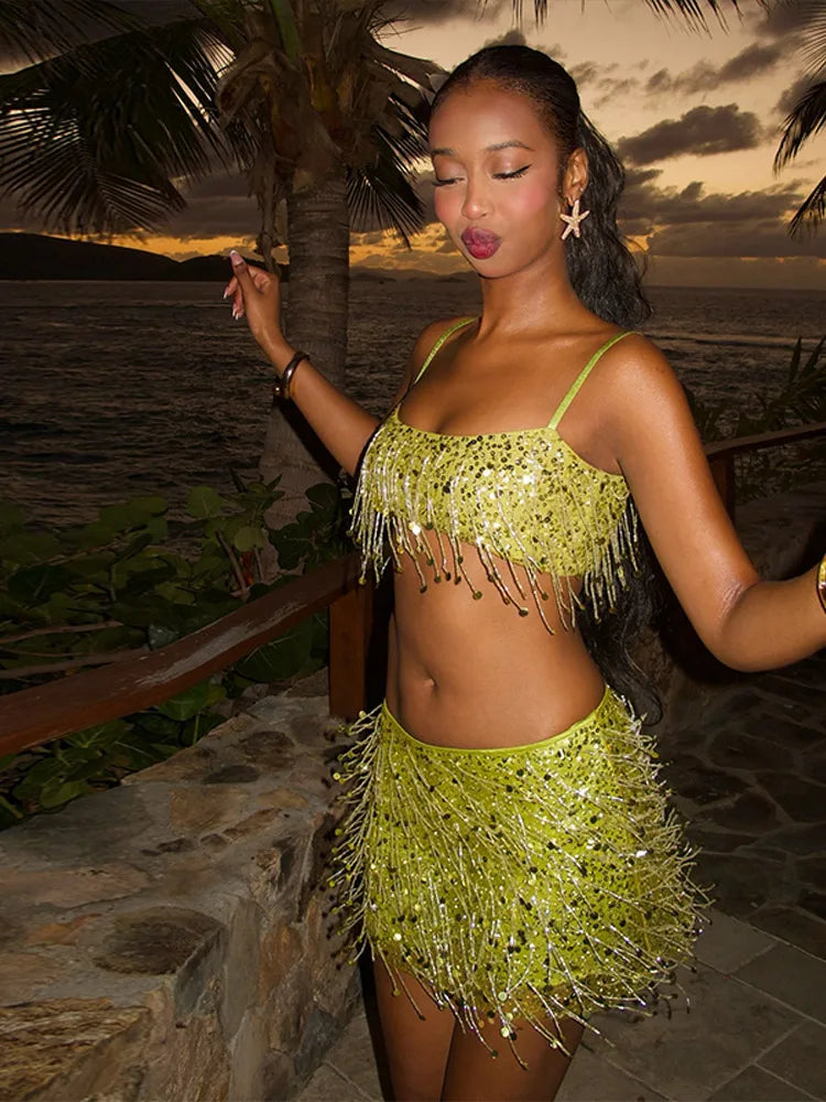 Conjunto de bikini con flecos de lentejuelas