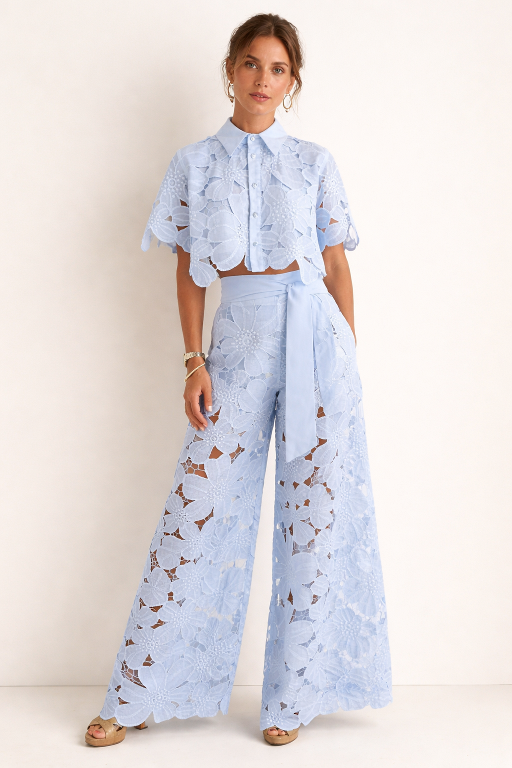 Conjunto de blusa y pantalón de pernera ancha de verano para mujer con estampado elegante
