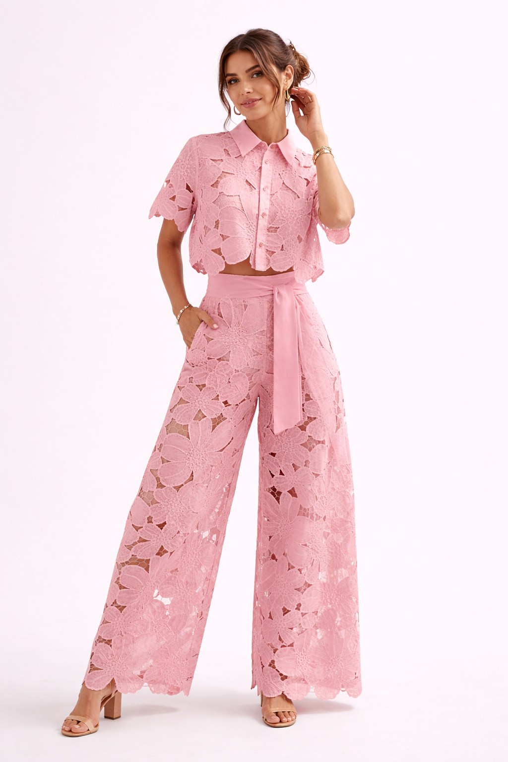 Conjunto de blusa y pantalón de pernera ancha de verano para mujer con estampado elegante