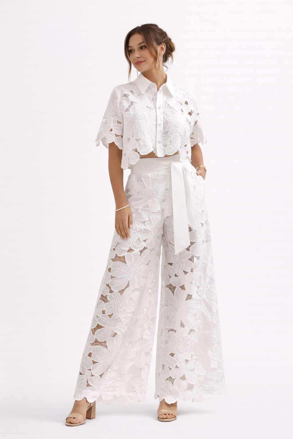 Conjunto de blusa y pantalón de pernera ancha de verano para mujer con estampado elegante