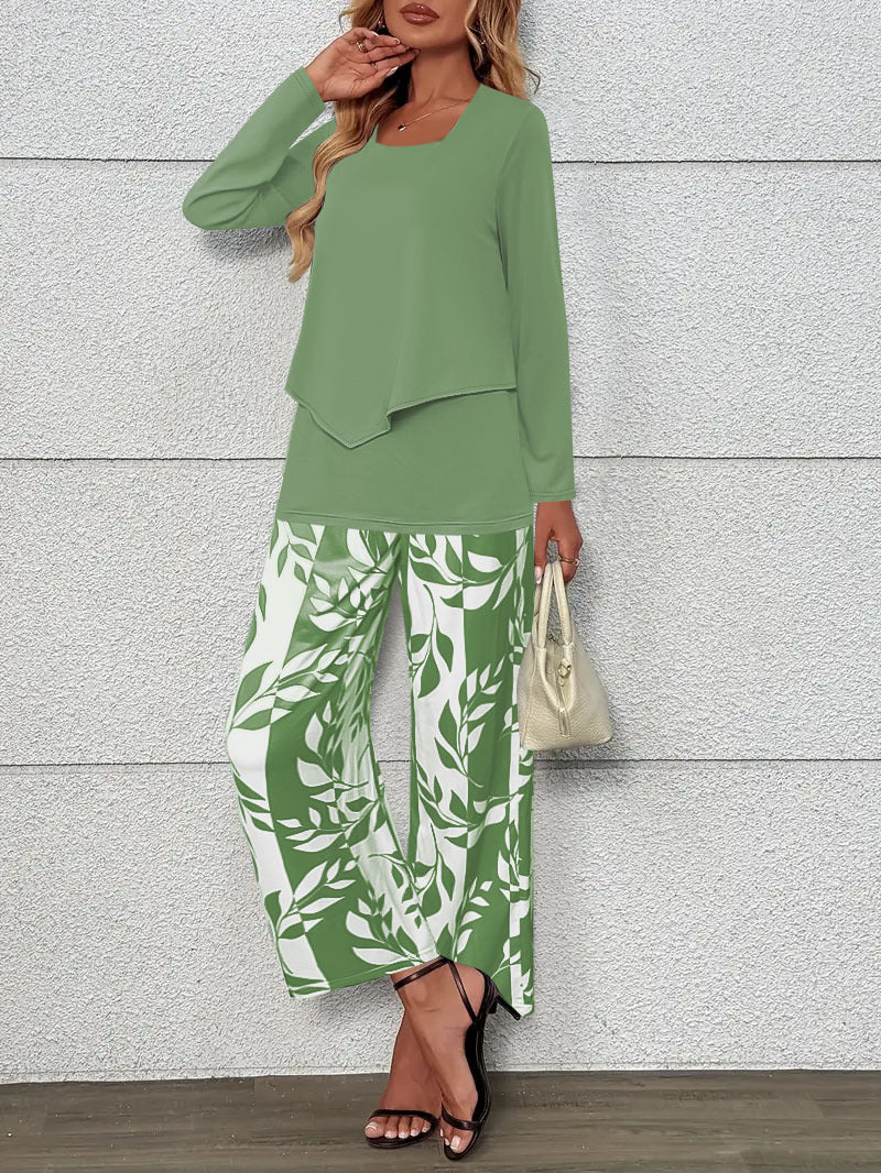 Conjunto de dos piezas para mujer con top cruzado de manga larga y pantalón ancho palazzo