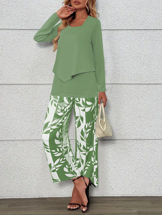 Conjunto de dos piezas para mujer con top cruzado de manga larga y pantalón ancho palazzo