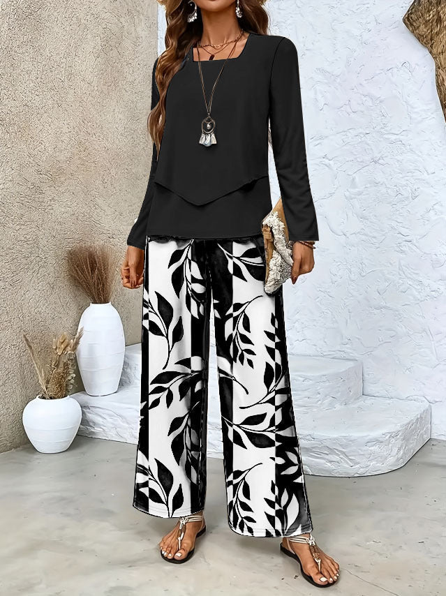 Conjunto de dos piezas para mujer con top cruzado de manga larga y pantalón ancho palazzo