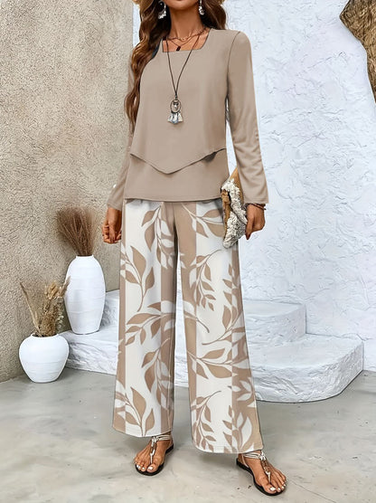 Conjunto de dos piezas para mujer con top cruzado de manga larga y pantalón ancho palazzo