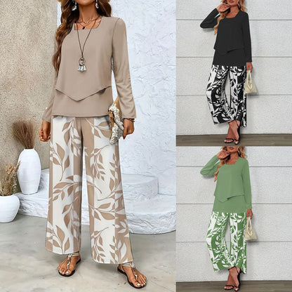 Conjunto de dos piezas para mujer con top cruzado de manga larga y pantalón ancho palazzo