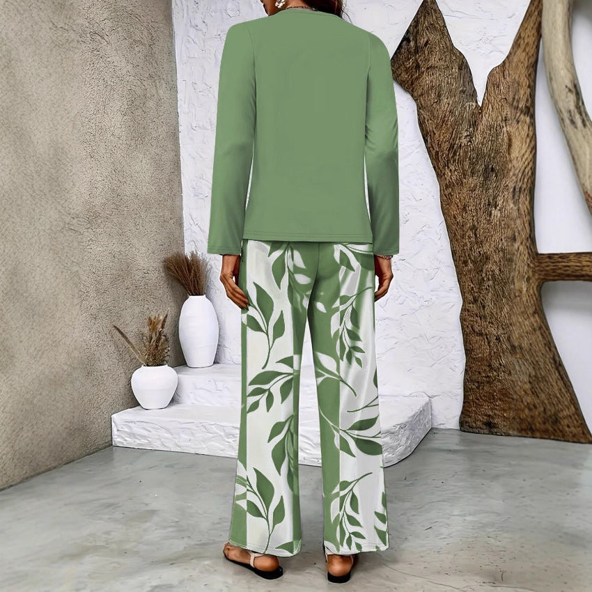 Conjunto de dos piezas para mujer con top cruzado de manga larga y pantalón ancho palazzo
