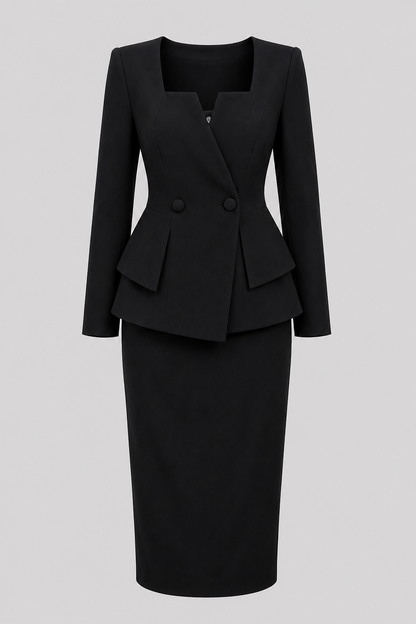 Conjunto elegante de dos piezas de chaqueta y falda con escote cuadrado para mujer
