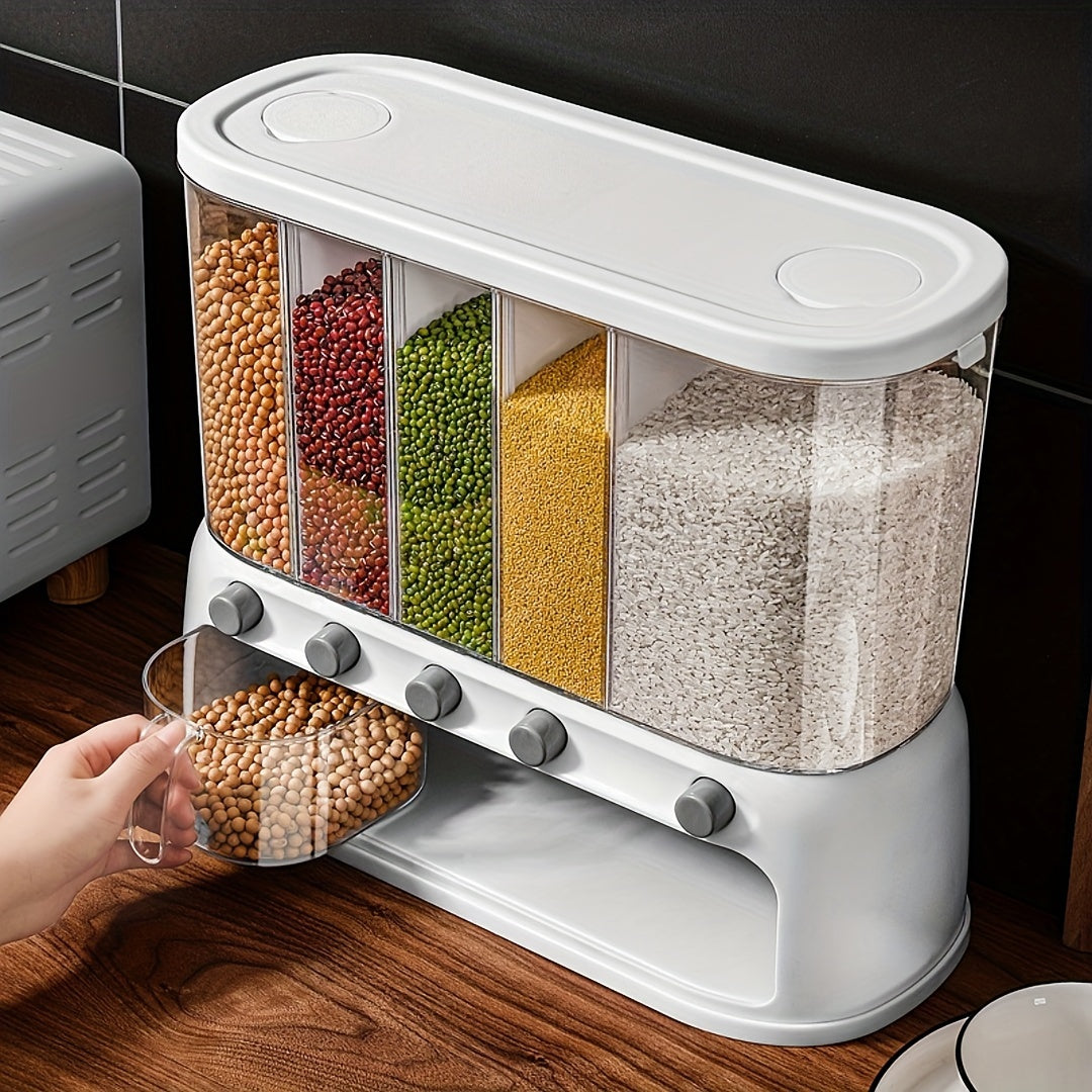 Contenedor de Almacenamiento de Granos de Cocina de Múltiples Compartimentos | Organizador de Despensa Hermético con Tapa Abatible