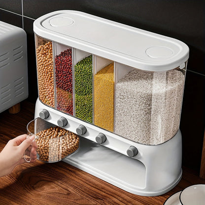 Contenedor de Almacenamiento de Granos de Cocina de Múltiples Compartimentos | Organizador de Despensa Hermético con Tapa Abatible