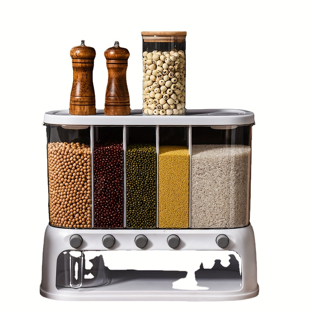 Contenedor de Almacenamiento de Granos de Cocina de Múltiples Compartimentos | Organizador de Despensa Hermético con Tapa Abatible