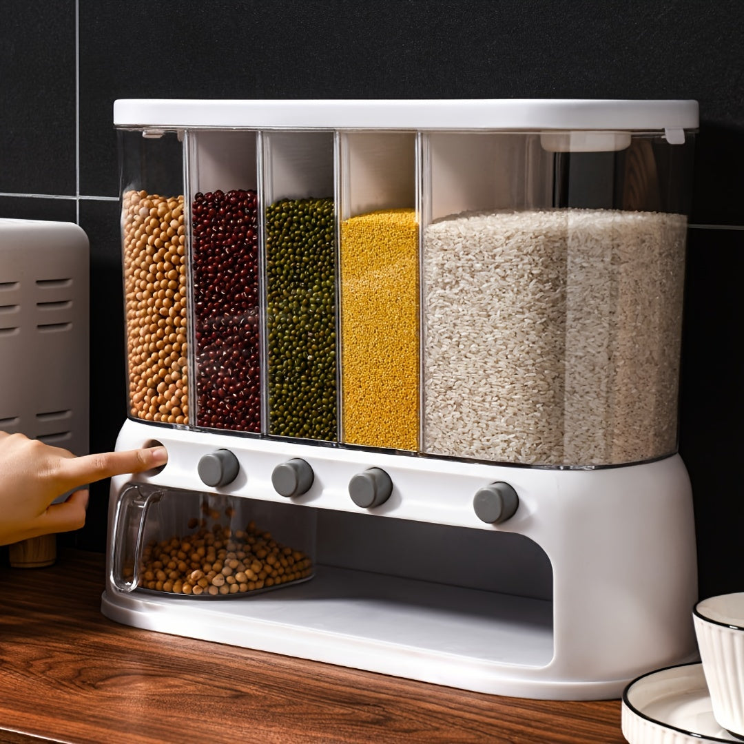 Contenedor de Almacenamiento de Granos de Cocina de Múltiples Compartimentos | Organizador de Despensa Hermético con Tapa Abatible