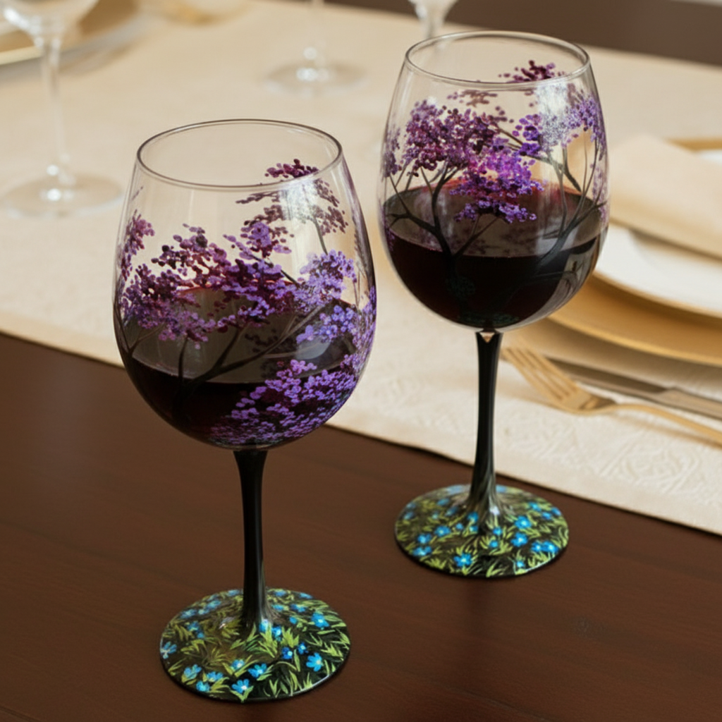 Copas de vino pintadas a mano con diseño de árbol de las cuatro estaciones