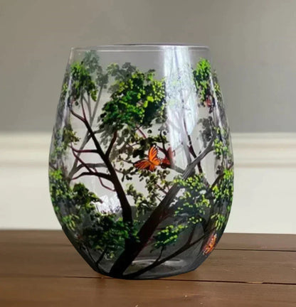 Copas de vino pintadas a mano con diseño de árbol de las cuatro estaciones