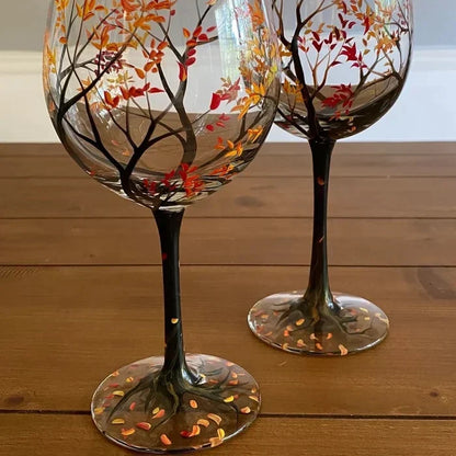 Copas de vino pintadas a mano con diseño de árbol de las cuatro estaciones