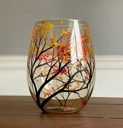 Copas de vino pintadas a mano con diseño de árbol de las cuatro estaciones