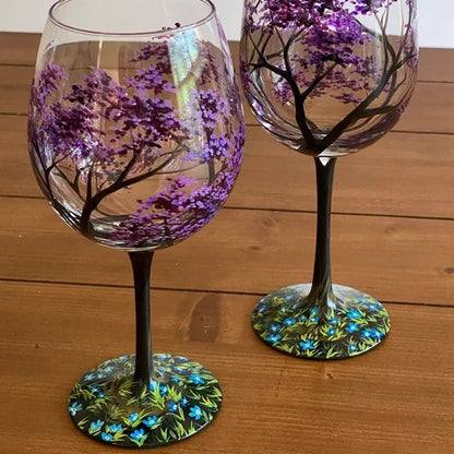 Copas de vino pintadas a mano con diseño de árbol de las cuatro estaciones