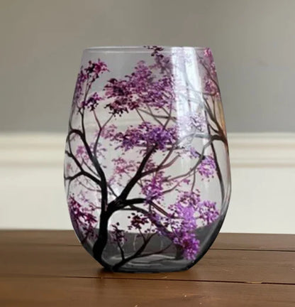 Copas de vino pintadas a mano con diseño de árbol de las cuatro estaciones