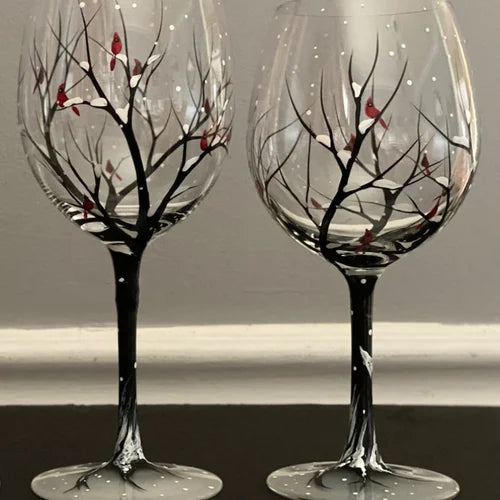 Copas de vino pintadas a mano con diseño de árbol de las cuatro estaciones