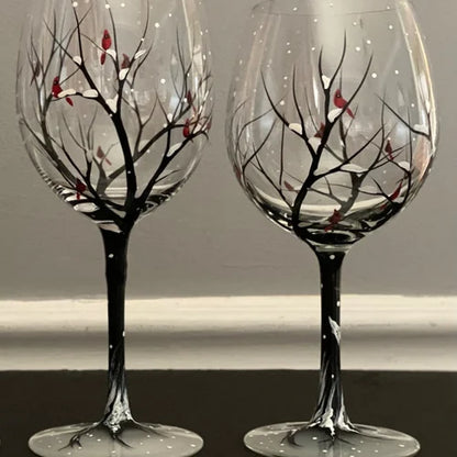 Copas de vino pintadas a mano con diseño de árbol de las cuatro estaciones