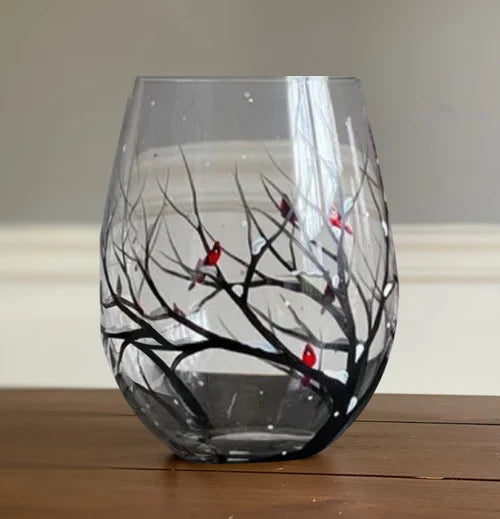 Copas de vino pintadas a mano con diseño de árbol de las cuatro estaciones