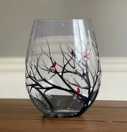 Copas de vino pintadas a mano con diseño de árbol de las cuatro estaciones
