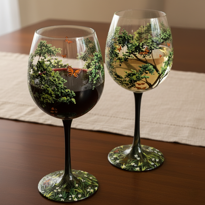 Copas de vino pintadas a mano con diseño de árbol de las cuatro estaciones
