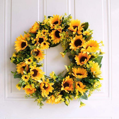 Corona artificial de girasoles dorados