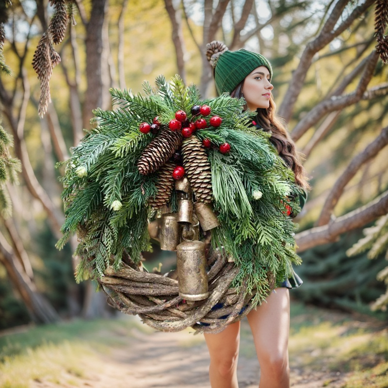 Corona de Navidad de estilo boho con base de ramas rústicas, piñas y campanas doradas