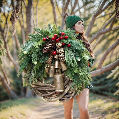 Corona de Navidad de estilo boho con base de ramas rústicas, piñas y campanas doradas