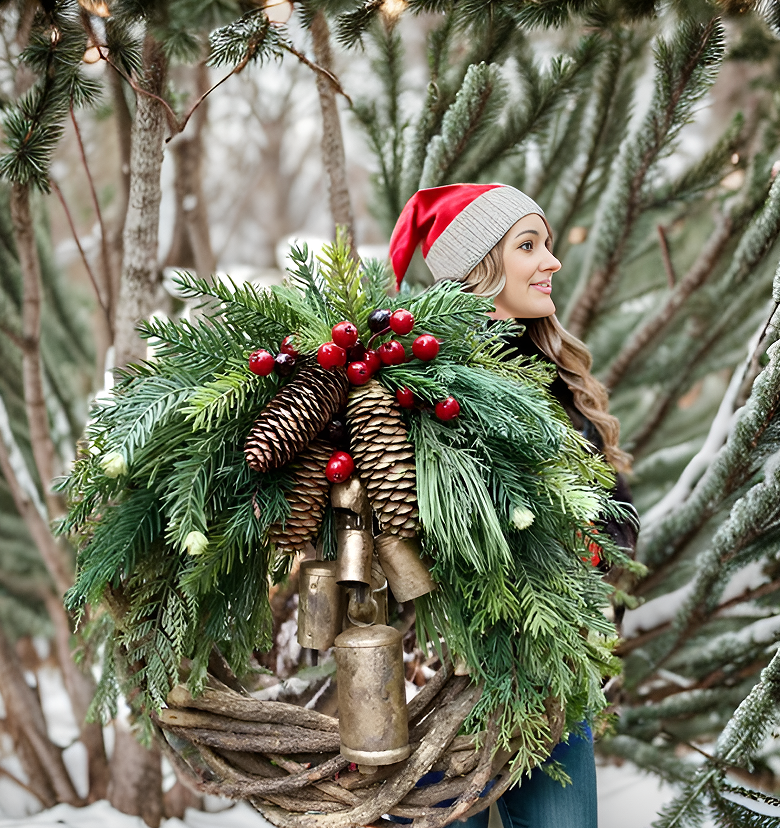 Corona de Navidad de estilo boho con base de ramas rústicas, piñas y campanas doradas