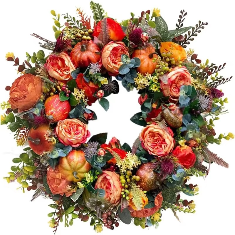 Corona de Otoño 40 cm Flores de Peonía y Calabazas Decoración para Puerta
