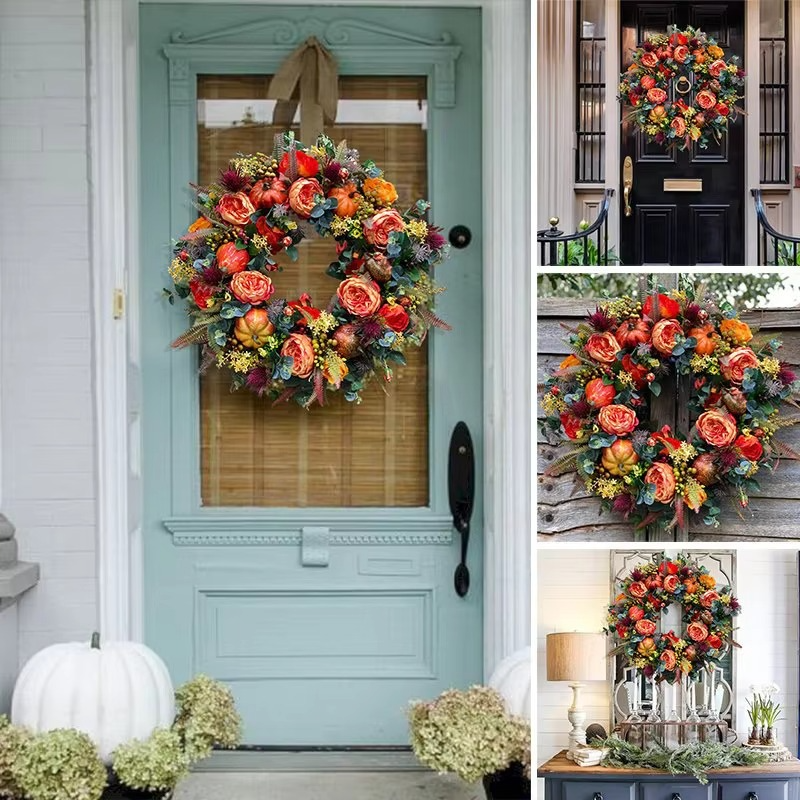 Corona de Otoño 40 cm Flores de Peonía y Calabazas Decoración para Puerta
