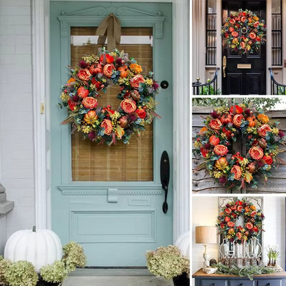 Corona de Otoño 40 cm Flores de Peonía y Calabazas Decoración para Puerta