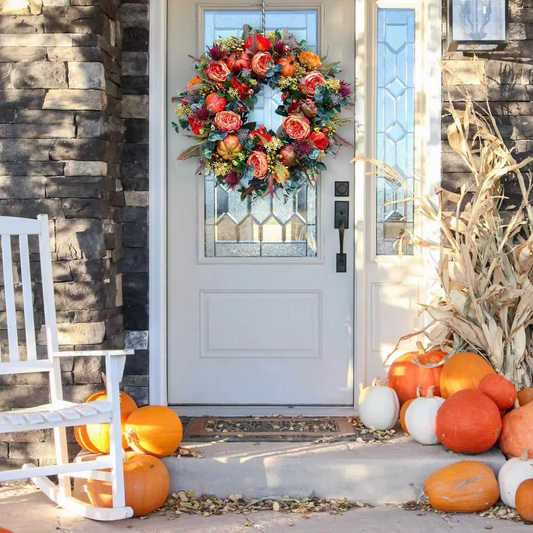 Corona de Otoño 40 cm Flores de Peonía y Calabazas Decoración para Puerta